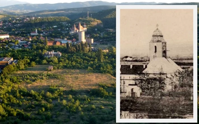 Locul unde se afla mănăstirea şi, în medalion biserica Zarda la începutul secolului XX, Foto: Daniel Guţă / Ilustrată de la începutul secolului XX.