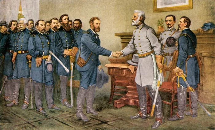 Predarea generalului Robert. E. Lee în fața lui Ulysses. S. Grant (© Wikimedia Commons)