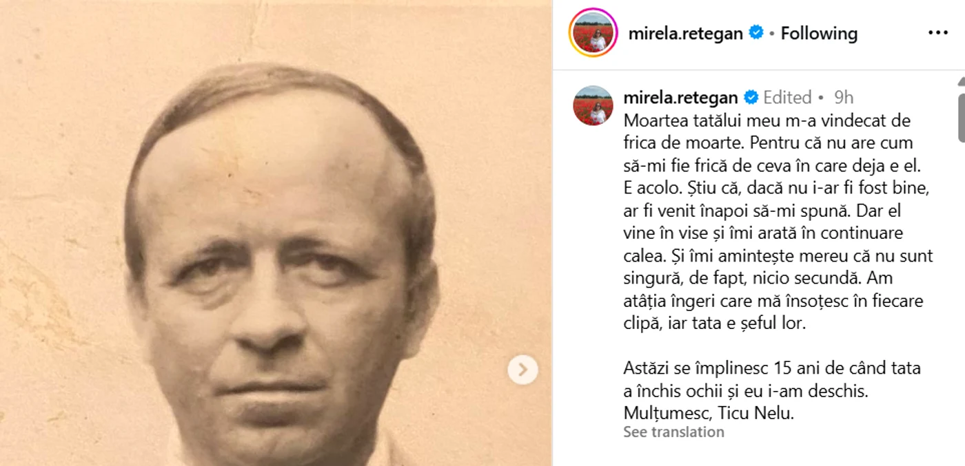 Mesajul postat de Mirela Retegan - Foto: Instagram