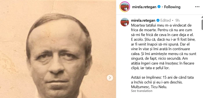 Mesajul postat de Mirela Retegan - Foto: Instagram 