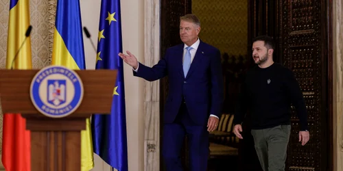 Președintele ucrainean Volodimir Zelenski face declarații de presă la Palatul Cotroceni alături de omologul român, Klaus Iohannis, în București. FOTO Inquam Photos / Octav Ganea