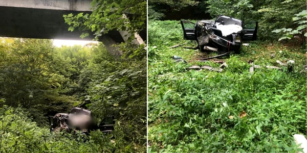 Maşină căzută de pe un pod de la 20 de metri înălţime - şoferul de 16 ani a supravieţuit miraculos în Dăeşti Vâlcea Foto Adevărul