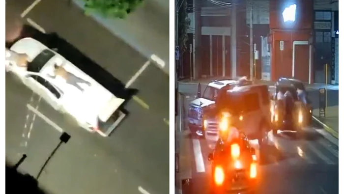 Mai mulți bandiți înarmați care au comis un jaf la o bancă din orașul Araçatuba, BraziliaFoto: Twitter/Digi24