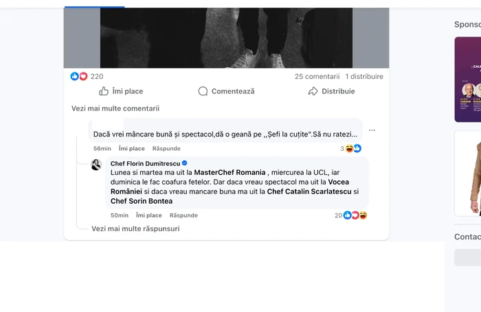 Reacția bucătarului la comentariul primit - Foto: captură Facebook 
