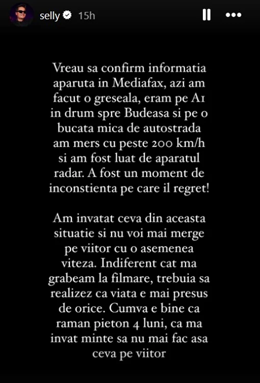 Mesajul publicat de Selly pe pagina sa personală de Instagram / foto: Instagram