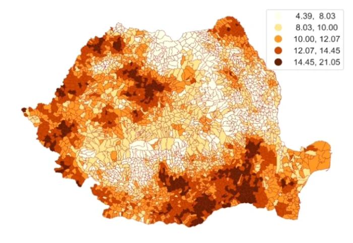 În zonele colorate intens incidența cancerului pulmonar este ridicată Sursa FOTO: Baetrice Mahler