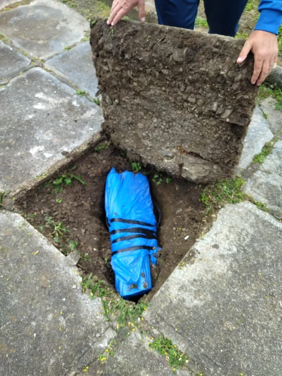 Locul unde au fost ascunse articolele pirotehnice de către suporteri FOTO IJJ Hunedoara