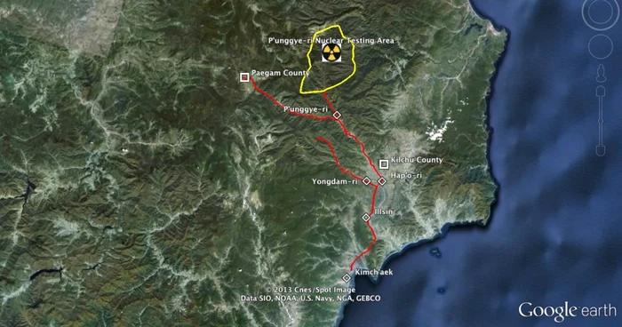 Captura Google Earth asupra facilităţii nucleare nord-coreene din Punggye-ri