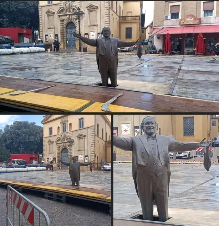 Statuia tenorului Luciano Pavarotti înconjurată de gheață FOTO: X/ @Massi_Nardelli