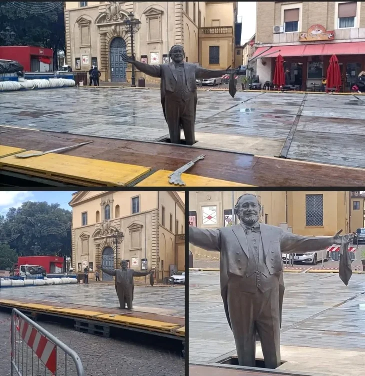 Statuia tenorului Luciano Pavarotti înconjurată de gheață FOTO: X/ @Massi_Nardelli