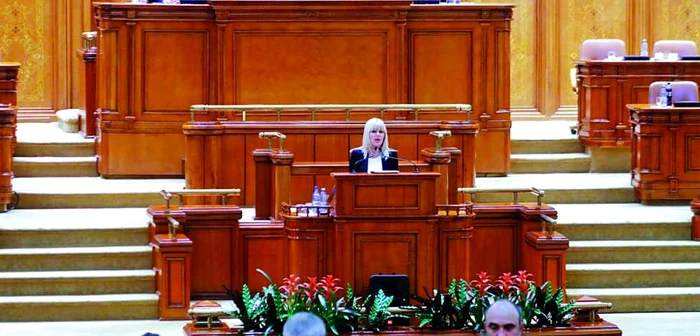 Elena Udrea, vorbind la tribuna Parlamentului în ziua în care s-a cerut  încuvinţarea urmăririi penale, reţinerea şi arestarea preventivă. În spatele lui Udrea, Flron Iordache, preşedintele lucrărilor din camera inferioară în absenţa lui Valeriu Zgonea. FOTO Hepta