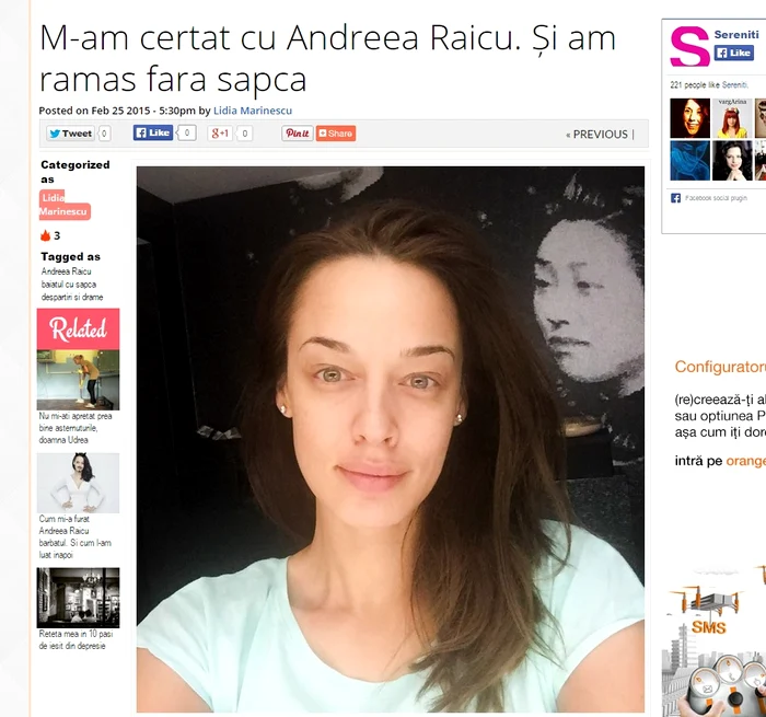 Andreea Raicu, fără machiaj, într-o imagine publicată pe blogul Lidiei Marinescu