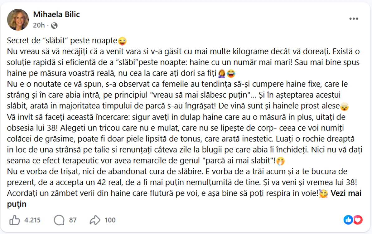 Recomandarea Mihaelei Bilic. Foto: captură Facebook