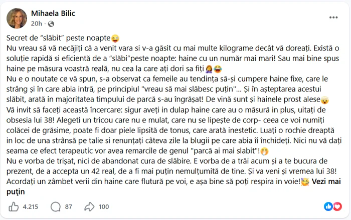 Recomandarea Mihaelei Bilic. Foto: captură Facebook