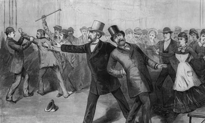 James Garfield se prăbușește, după ce a fost împușcat de Charles Guiteau. Gravură publicată de presa americană la 16 iulie 1881 (© Wikimedia Commons)