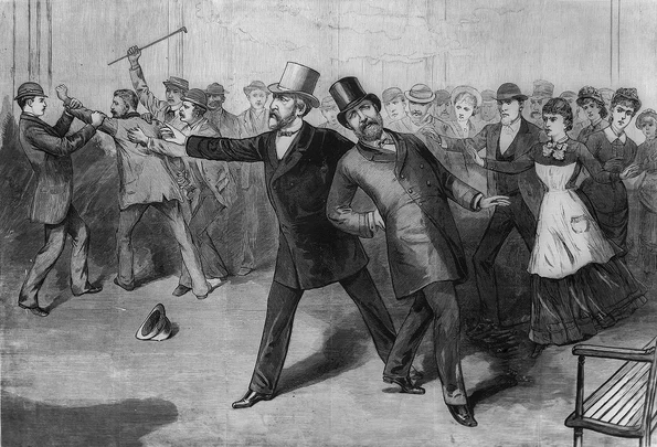 James Garfield se prăbușește, după ce a fost împușcat de Charles Guiteau. Gravură publicată de presa americană la 16 iulie 1881 (© Wikimedia Commons)
