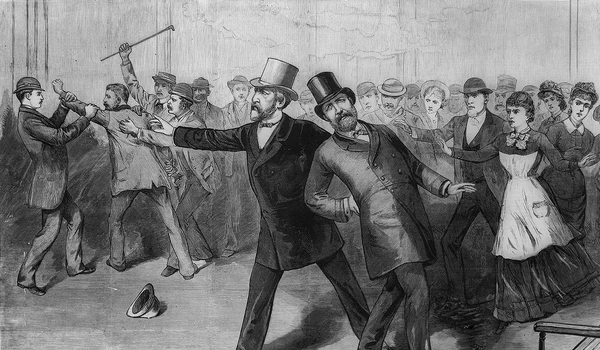 James Garfield se prăbușește, după ce a fost împușcat de Charles Guiteau. Gravură publicată de presa americană la 16 iulie 1881 (© Wikimedia Commons)