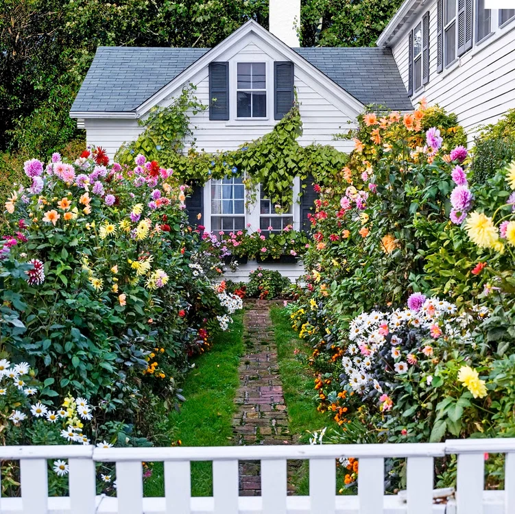 Grădină plină cu flori superbe în fața casei Sursă Emily post garden via Country Living Magazine