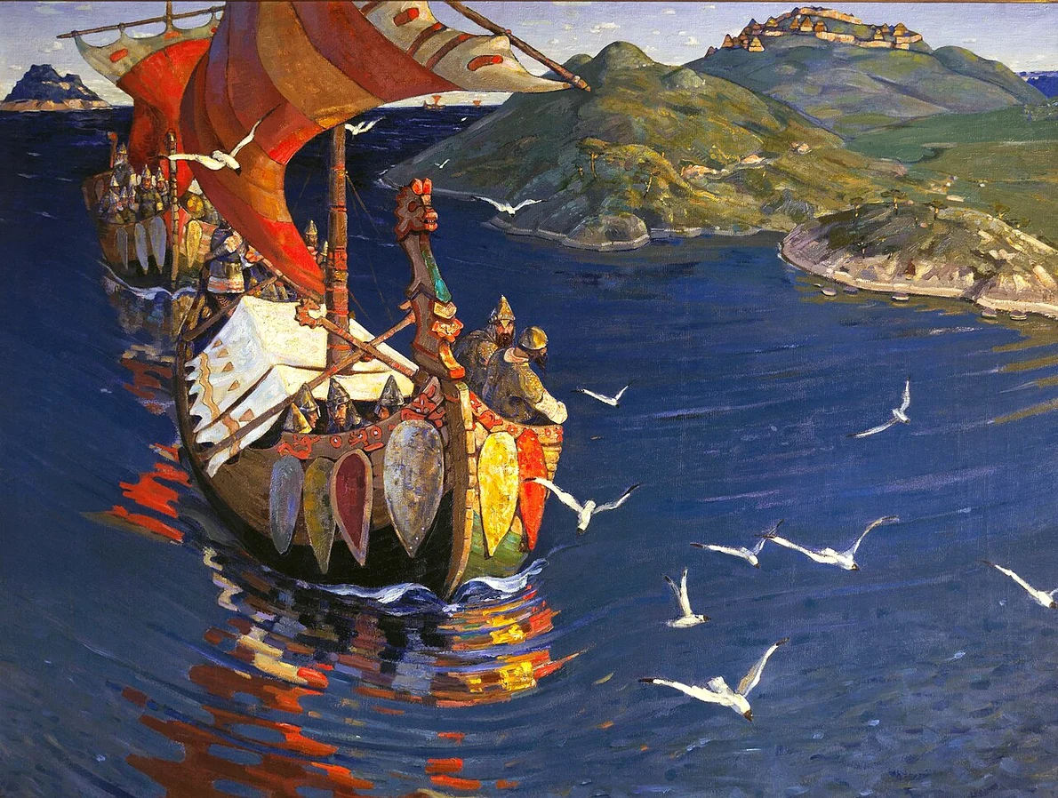 Nave ale vikingilor în pictura „Oaspeți de peste mări”, de Nicholas Roerich 