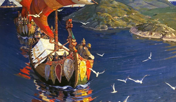 Nave ale vikingilor în pictura „Oaspeți de peste mări”, de Nicholas Roerich 