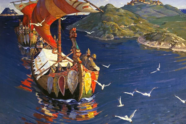 Nave ale vikingilor în pictura „Oaspeți de peste mări”, de Nicholas Roerich