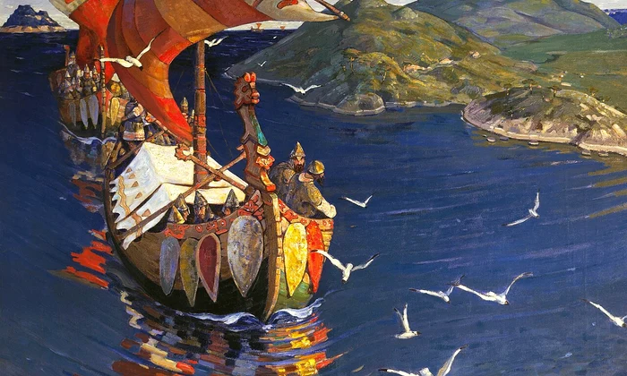 Nave ale vikingilor în pictura „Oaspeți de peste mări”, de Nicholas Roerich 