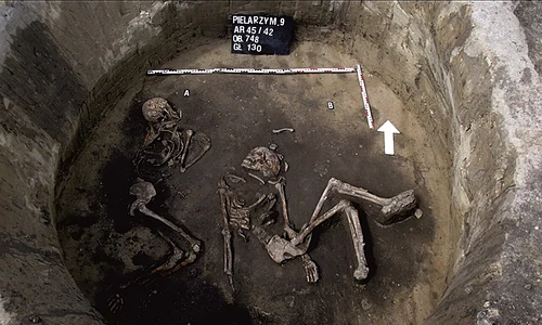 Două înmormântări din Epoca Bronzului la Pielgrzymowice, Polonia, inclusiv (în stânga) primul consumator de mei identificat în Europa Centrală 
