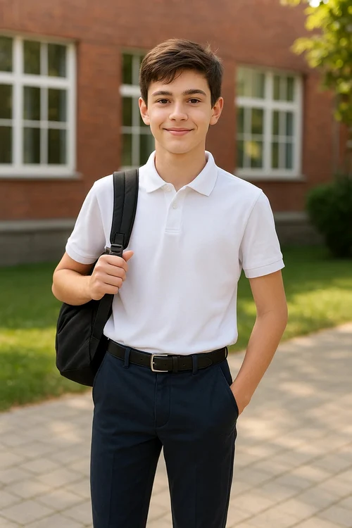Adolescent în ținută casual, cu pantaloni din stofă, tricou polo alb și rucsac, în curtea școlii
