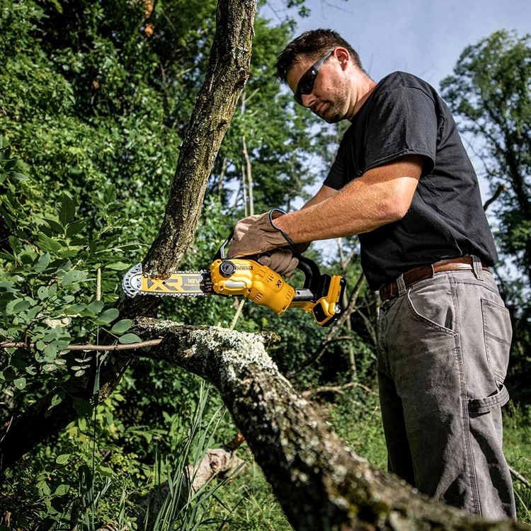 Bărbat care taie cu o drujbă crengile unui copac pentru igienizarea spațiului verde Foto MyToolShed