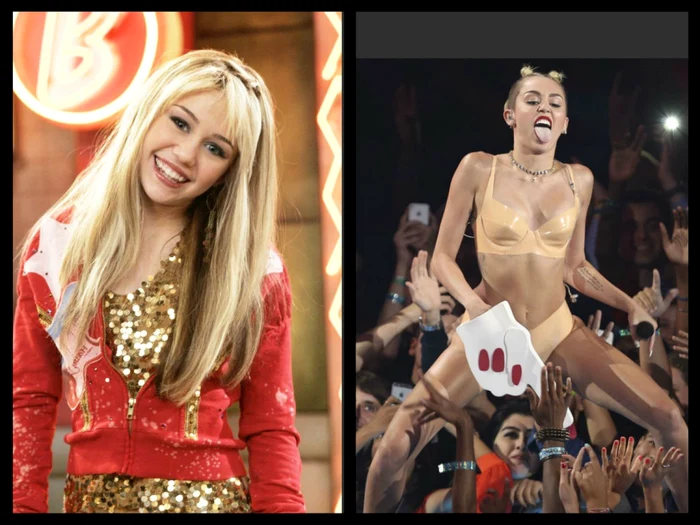 Miley Cyrus, în rolul Hannah Montana (stânga), şi pe scena MTV VMA