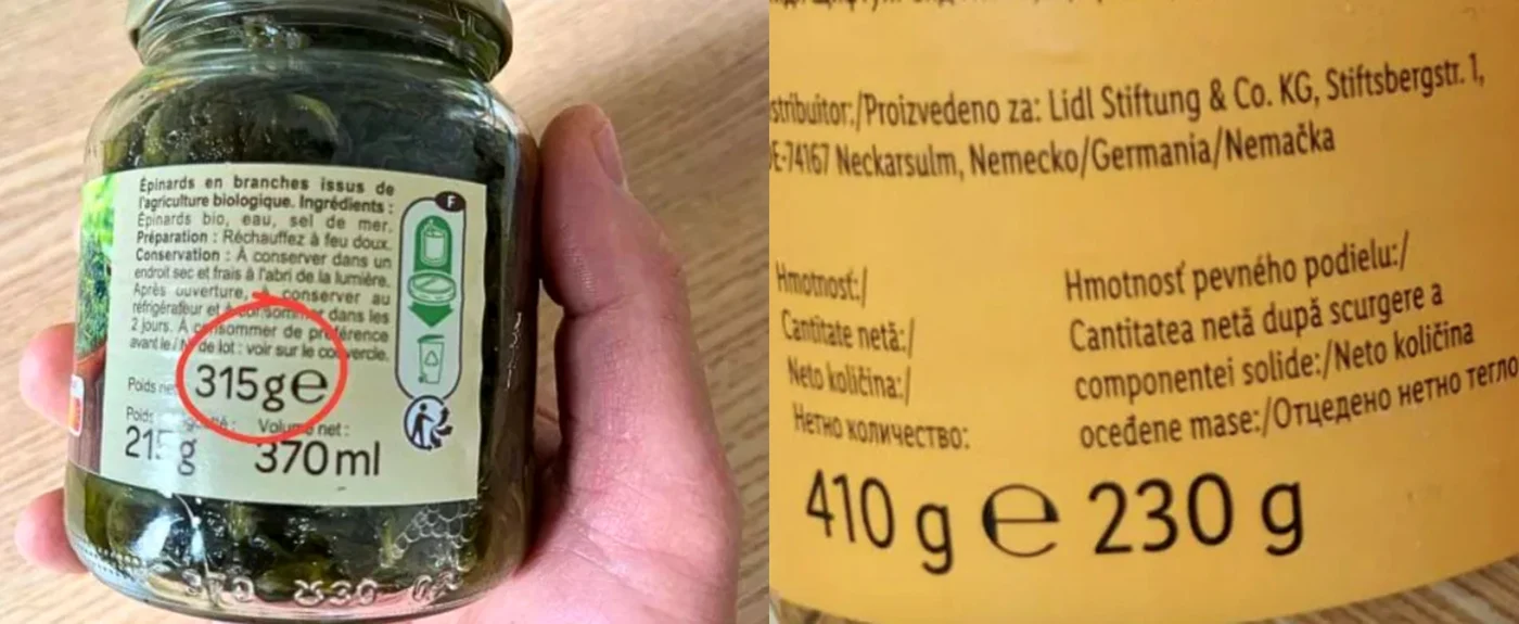 Simbolul „℮” de pe ambalajele multor produse alimentare.