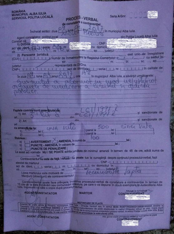 Amenda aplicată de poliţie cetăţeanului din Alba Iulia
