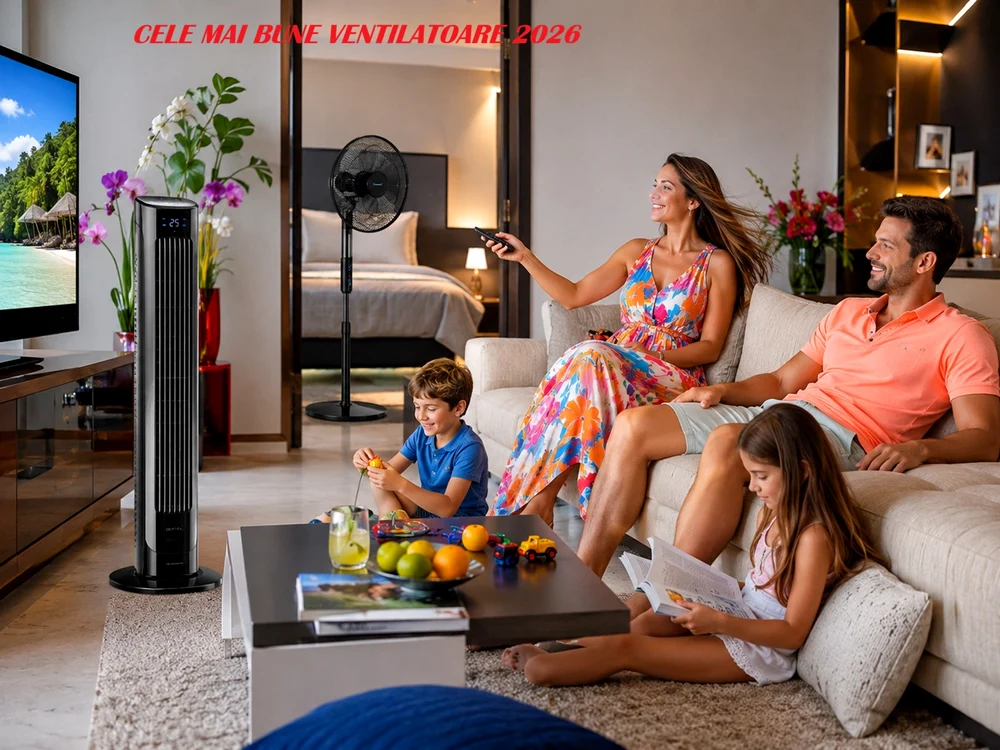 Familie care se bucură de cele mai bune ventilatoare 2026 turn sau cu picior/Daciana Stoica/Adevărul