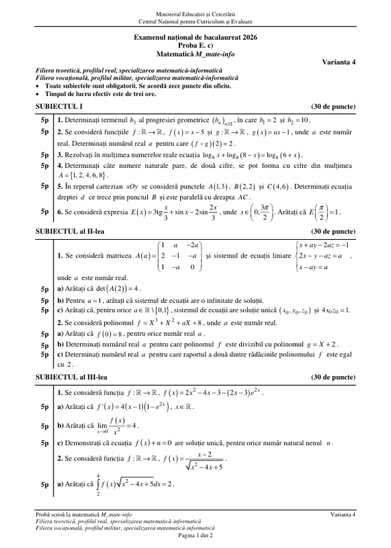 Subiecte la matematică - Filiera teoretică, profilul real, specializarea matematică-informatică FOTO edupedu.ro