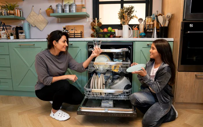 Mamă și fiică admiră vesela curățată de o mașină de spălat vase încorporabilă Sursă LF Electronics