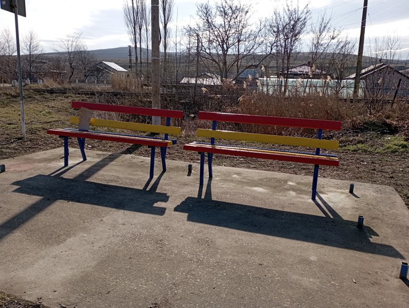 Patriotism utilitar: bănci în culorile drapelului național în fața tuturor gospodăriilor dintr-o comună din Botoșani