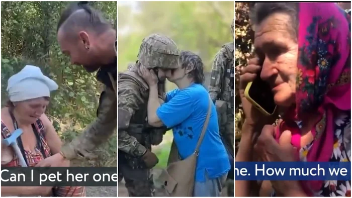 Soldații sunt îmbrățișați de săteni FOTO: Captură video