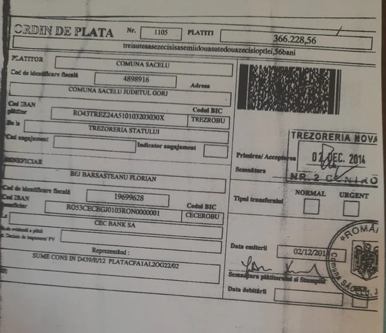 Ordinul de plată semnat de viceprimarul Jurebie