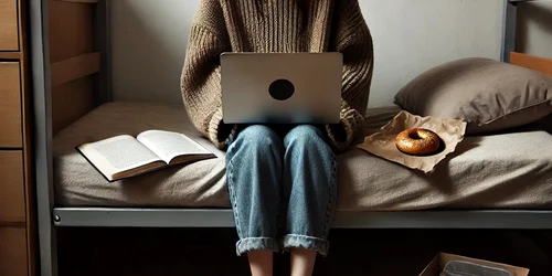 Student în camera de cămin, învățând la laptop   AI image jpg
