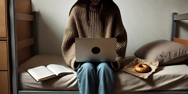 Student în camera de cămin, învățând la laptop AI image jpg