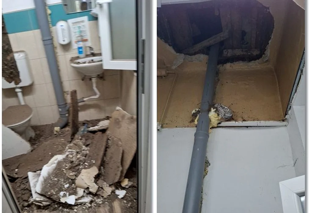 O bucată de tavan s-a prăbușit în apropiere de Secția de Neonatologie. FOTO: Colaj/Opinia Timișoarei