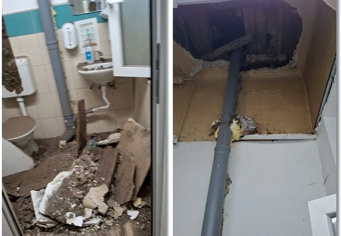 O bucată de tavan s-a prăbușit în apropiere de Secția de Neonatologie. FOTO: Colaj/Opinia Timișoarei