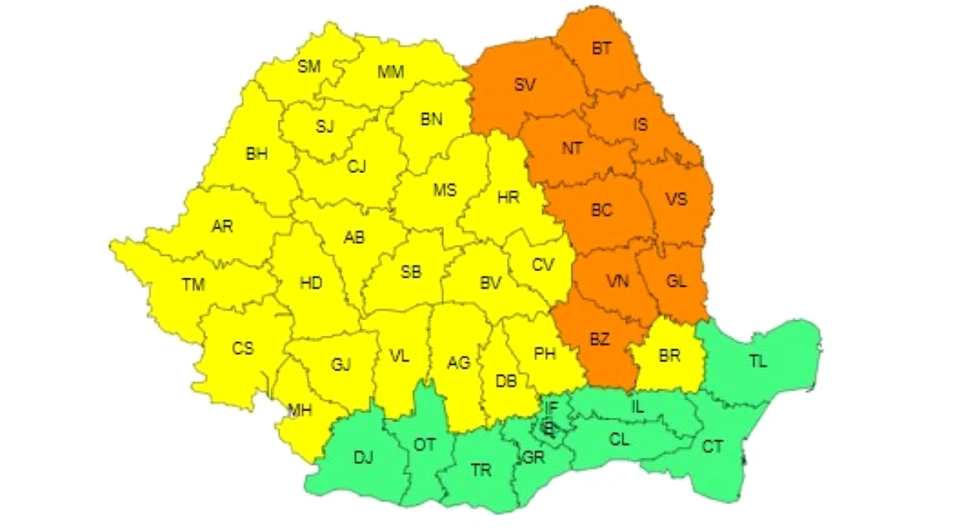 Harta județelor afectate de avertizările meteo.