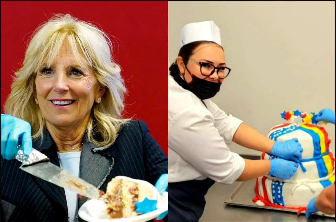 Jill Biden prezentând o felie de tort. Ramona Husman, pregătind tortul pentru Prima Doamnă