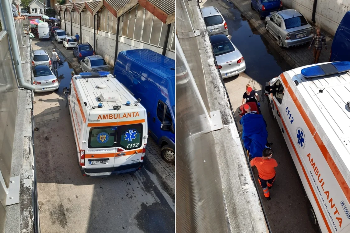 Ambulanţă blocată pe o stradă din vecinătatea Pieţei din municipiul Drăgăşani din cauza maşinilor parcate neregulamentar Foto Via Marian Roşca 3