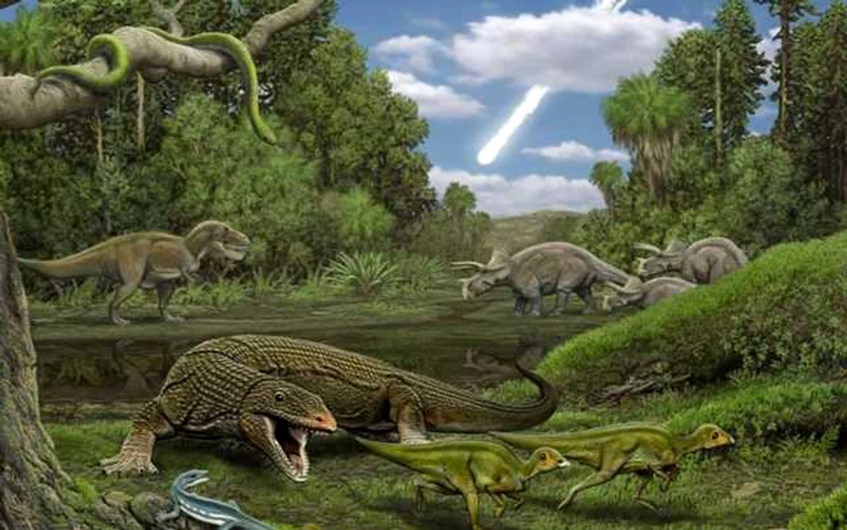 Şopârla Obamadon gracilis (cea albastră) priveşte la o încăierare între un T-Rex şi un Triceraptos
