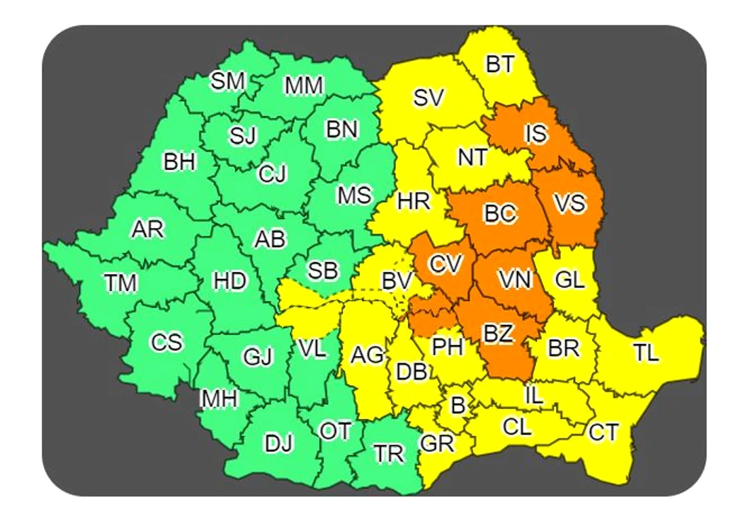 Codul portocaliu de ploi emis pentru vineri va fi valabil pe arii mai restrânse Sursa foto: Anm