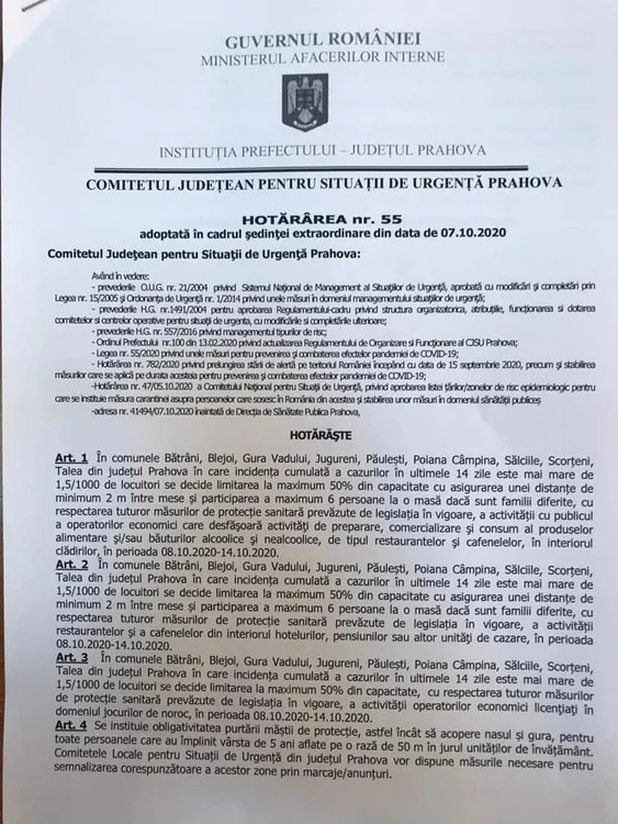 Decizia Comitetului Judeţean pentru Situaţii de Urgenţă Prahova