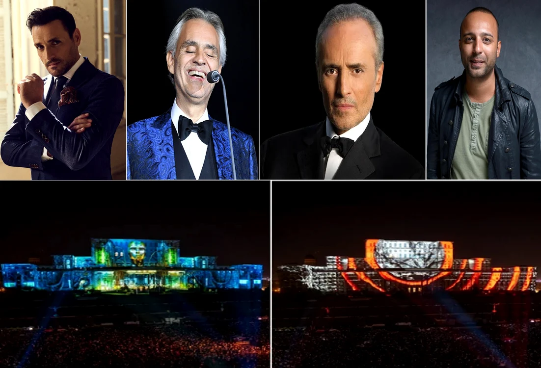 Colaj cu patru legende ale muzicii internaționale și imagini cu concerte în Piața Constituției Colaj