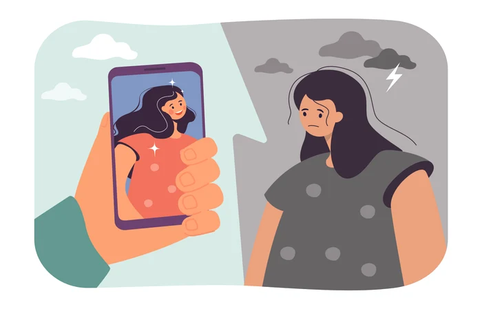 O persoană privește un telefon mobil care afișează o versiune îmbunătățită a feței sale